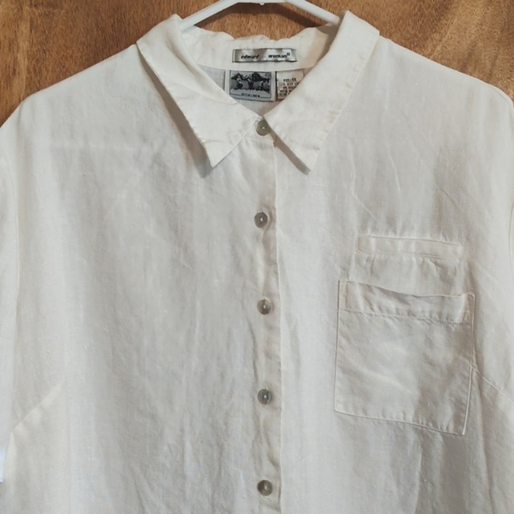 Edward Woman 100% Irish Linen Blouse White Short Sleeve Button Front Pocket 1X - Picture 2 of 9